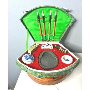 Vintage Chinese Calligraphy Writing Set in Brocade Case